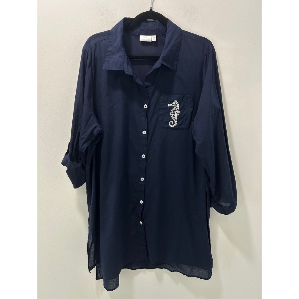 Dotti Navy Blue Seahorse Embroidered Button Up Beach Cover Up Shirt 2X